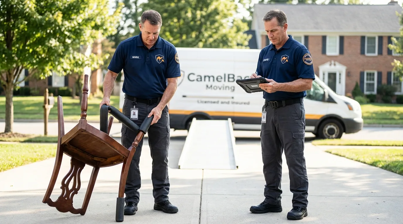 Movers inspecting furniture for damage prevention before loading in Lykens, PA