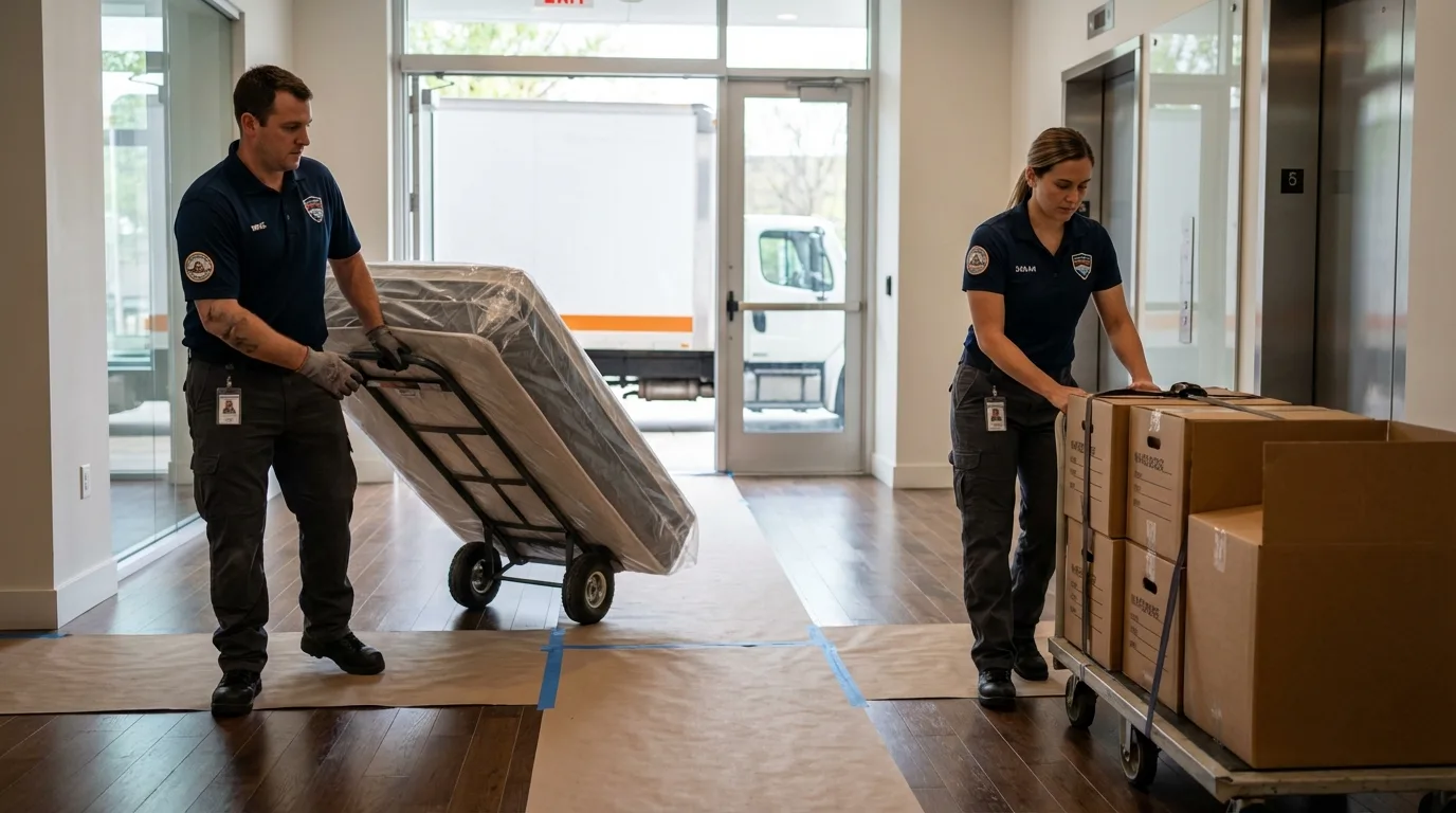 Professional apartment movers loading elevator in Lykens, PA