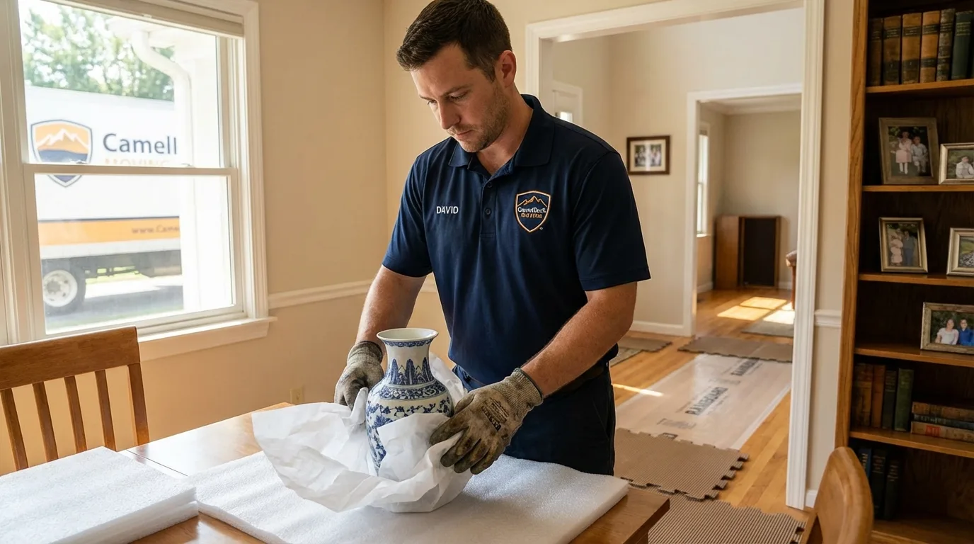 Professional crew carefully wrapping antique vase for senior downsizing move in Lykens, PA